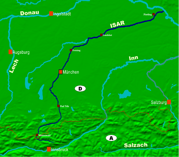 The map depicts the Isar river's path starting in Austria, proceeding north through Munich, Freising, Landshut and Pasing before it flows into the Danube river.    